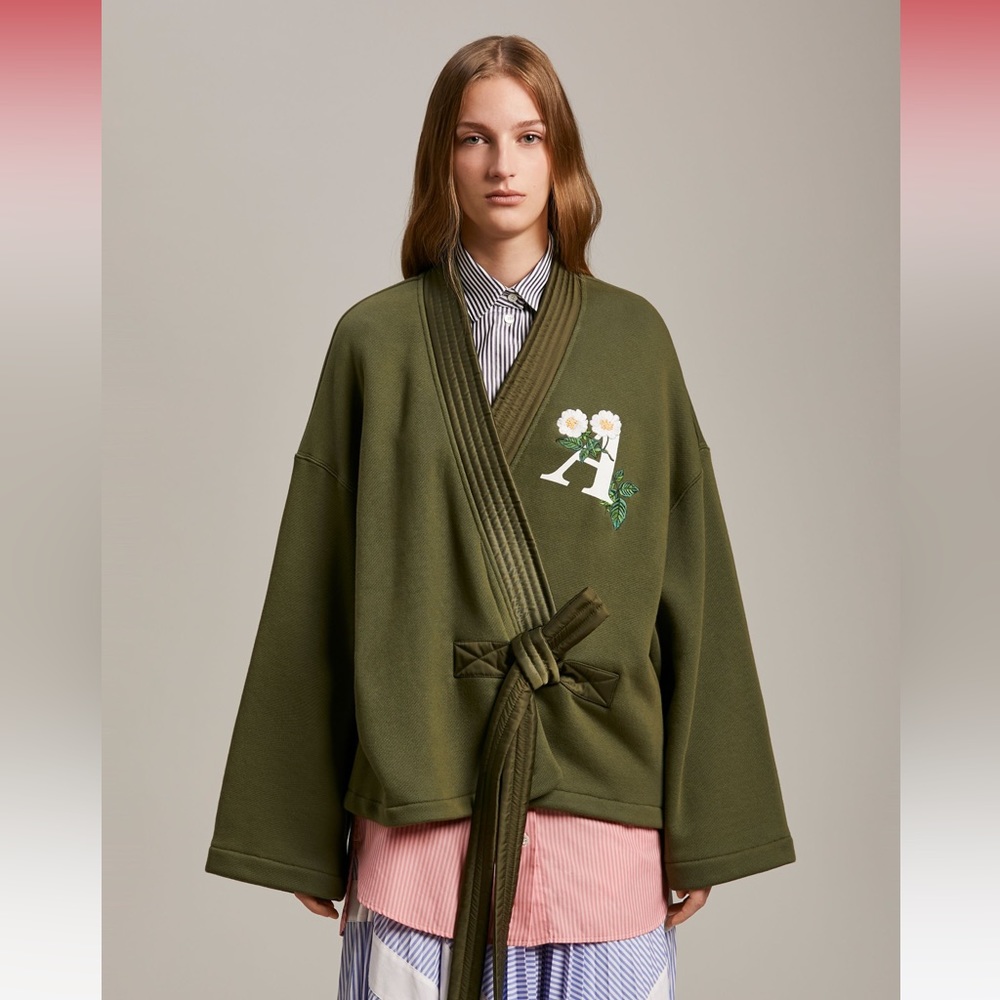 Palm Angels Daisy Logo Fleece Military Green Kimono Jacket Size XL NWT